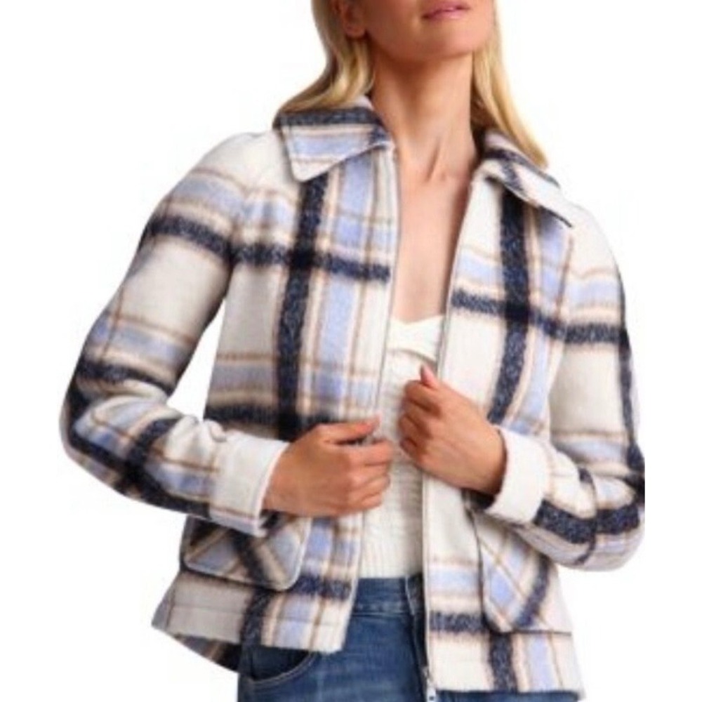 Bagatelle Plaid Zip Up Jacket Blue Cream Black Check Pointed Collar Style medium